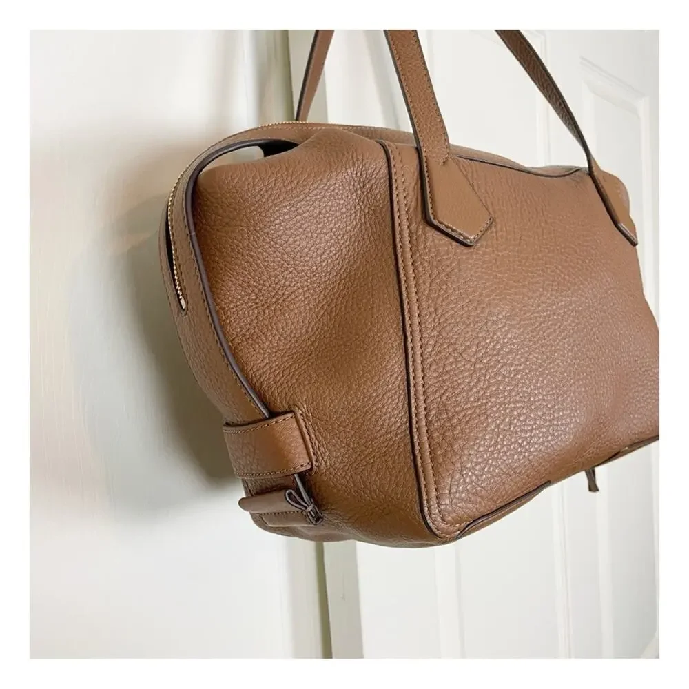 Tory Burch Perry Moose Brown Satchel Bag Pebbled Leather Zip Top Handbag